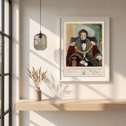 Daniel O'Connell framed print in a white frame on a plaster wall above an oak worktop in a bright Scandinavian kitchen