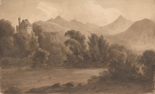 Dunloe Castle, Killarney, drawn by Isaac Weld around 1807 in pen and brown ink with brown wash