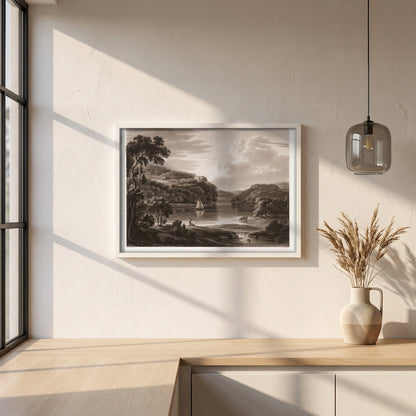 Dromana on the Blackwater by Thomas Sautelle Roberts Art Print framed print in a white frame on a plaster wall above an oak worktop in a bright Scandinavian kitchen