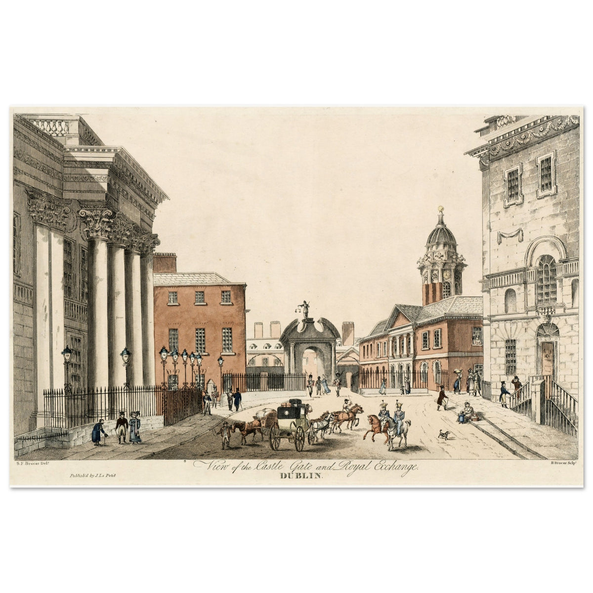 Dublin Castle Gate print with its original caption, unframed, straight-on view of the full image
