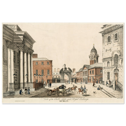 Dublin Castle Gate print with its original caption, unframed, straight-on view of the full image