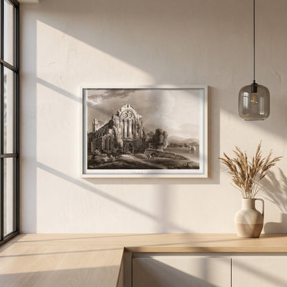 Dunbrody Abbey by Thomas Sautelle Roberts Art Print framed print in a white frame on a plaster wall above an oak worktop in a bright Scandinavian kitchen
