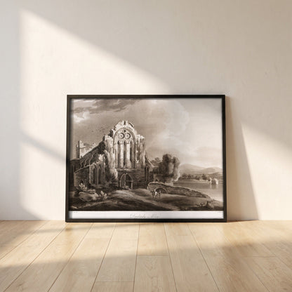 Dunbrody Abbey by Thomas Sautelle Roberts Art Print framed print in a black frame leaning against a white plaster wall on oak floorboards in morning light