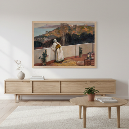 Modern living room with a painting on the wall, wooden console table, and sofa. Buy Irish Art