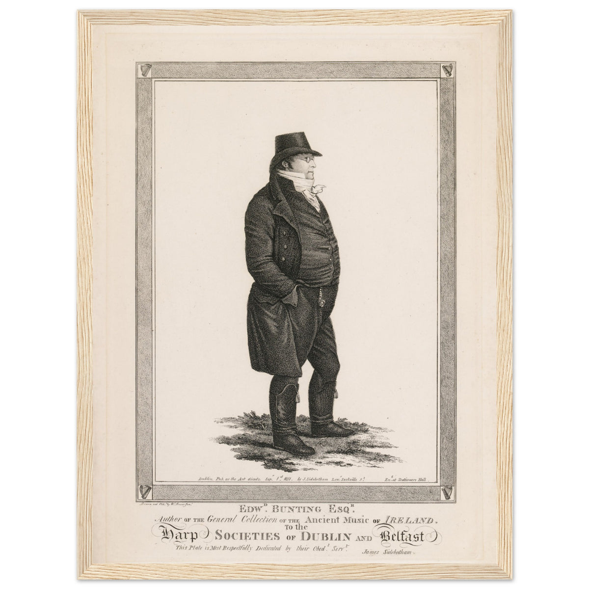 Edward Bunting (1773-1843) in a light oak frame, full-length black and white portrait