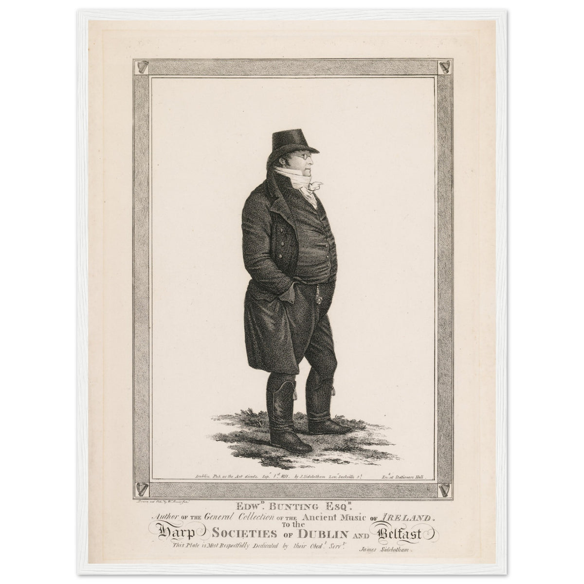 Edward Bunting (1773-1843) portrait in a slim white frame, front view