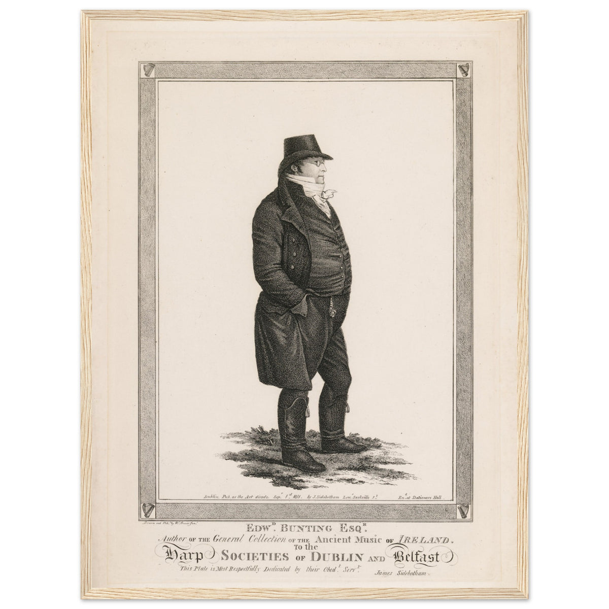 Edward Bunting portrait print on cream paper, standing figure in top hat and long coat