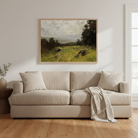 Edward Gay Hillside 1908 Irish-American landscape print framed above a wooden desk in a home study
