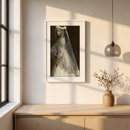Eileen, Her First Communion framed print in a white frame on a plaster wall above an oak worktop in a bright Scandinavian kitchen