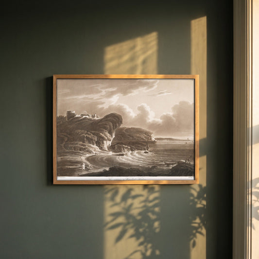 The Entrance to Waterford Harbour by Thomas Sautelle Roberts Art Print framed print in a natural oak frame on a dark green wall beside a window, dappled plant shadow