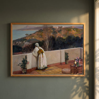 Evening, Tangier framed print in a natural oak frame on a dark green wall beside a window, dappled plant shadow