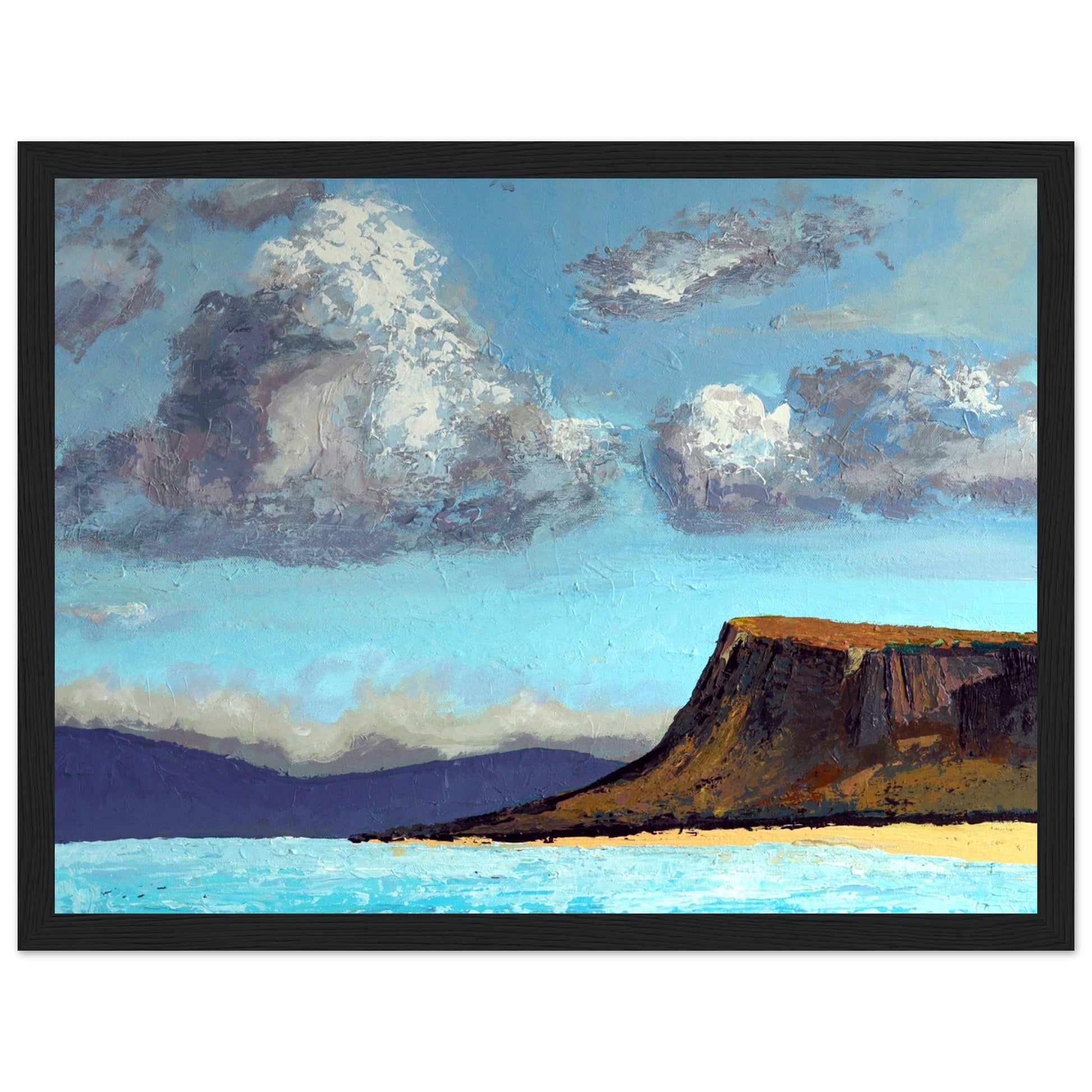 Ó Maoláin's framed art: Ballycastle beach, Fair Head distant view. Serene coastal scene, sandy shores, cliffs. County Antrim, Ireland.