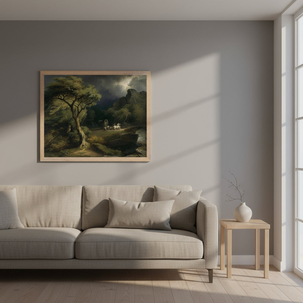 Natural wood frame, 40×50 cm, displayed in a modern minimalist living room with muted grey walls, linen sofa and soft evening light.