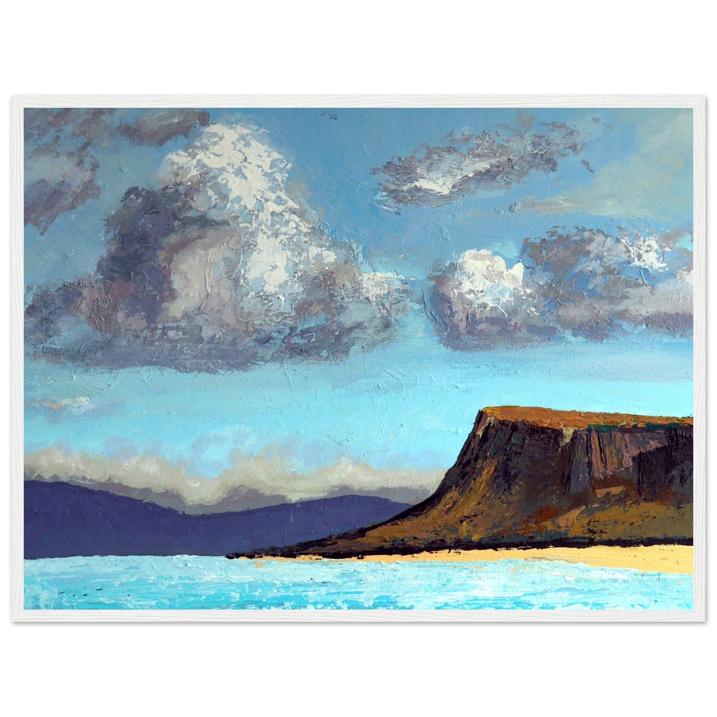 Ó Maoláin's framed art: Ballycastle beach, Fair Head distant view. Serene coastal scene, sandy shores, cliffs. County Antrim, Ireland.