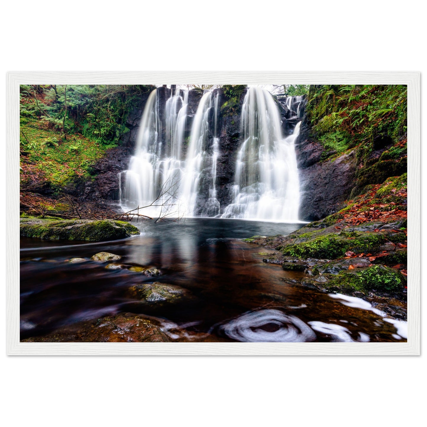 Cascading Glenariff Waterfall framed art print, showcasing serene natural beauty of Northern Ireland's forest park.