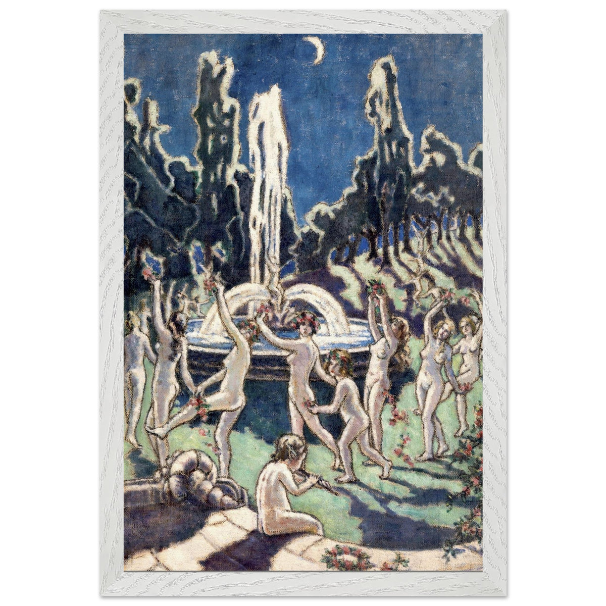 Figures Dancing Round a Fountain by Mainie Jellett in a textured white frame, night garden scene