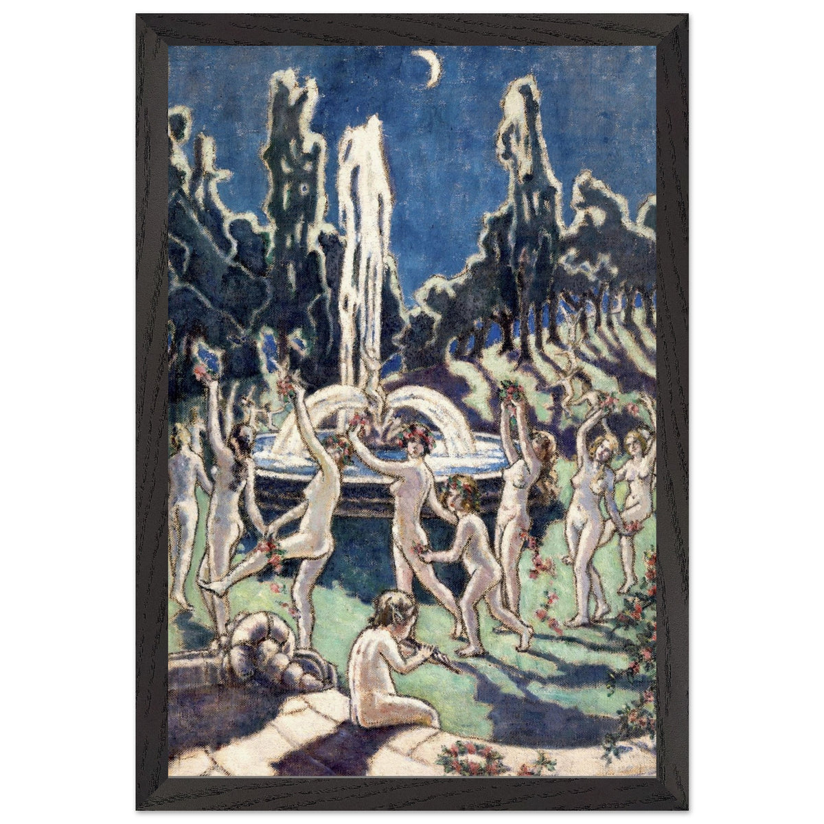 Figures Dancing Round a Fountain by Mainie Jellett in a thick black frame, fountain under a crescent moon