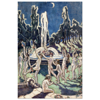 Figures Dancing Round a Fountain by Mainie Jellett, Irish modernist painting of dancers at night