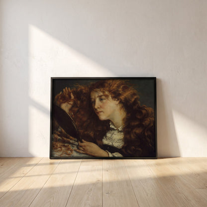 Jo, La Belle Irlandaise by Gustave Courbet framed print in a black frame leaning against a white plaster wall on oak floorboards in morning light