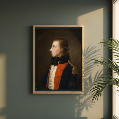 Theobald Wolfe Tone framed print in a natural oak frame on a dark green wall beside a window, dappled plant shadow