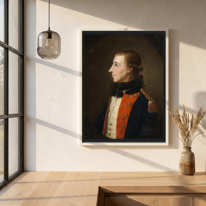 Theobald Wolfe Tone framed print in a white frame on a plaster wall above an oak worktop in a bright Scandinavian kitchen