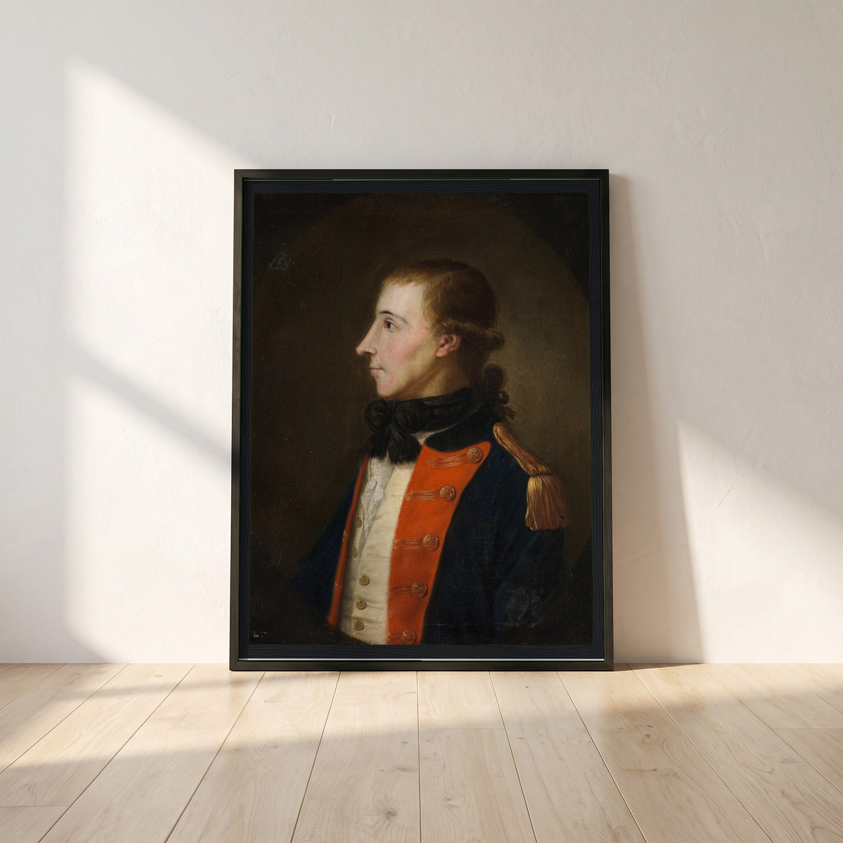 Theobald Wolfe Tone framed print in a black frame leaning against a white plaster wall on oak floorboards in morning light