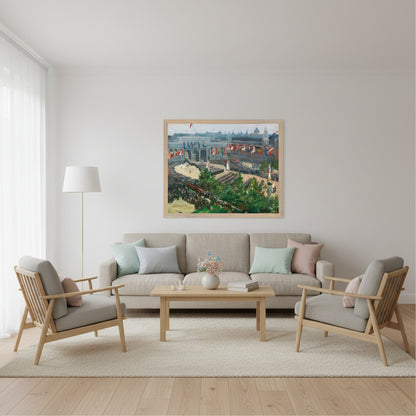  framed Admiralty Arch, Victory Parade (1919) print—focus on frame quality (natural oak frame, sharp museum-quality detail, soft natural lighting. Clean, luxury, feminine aesthetic