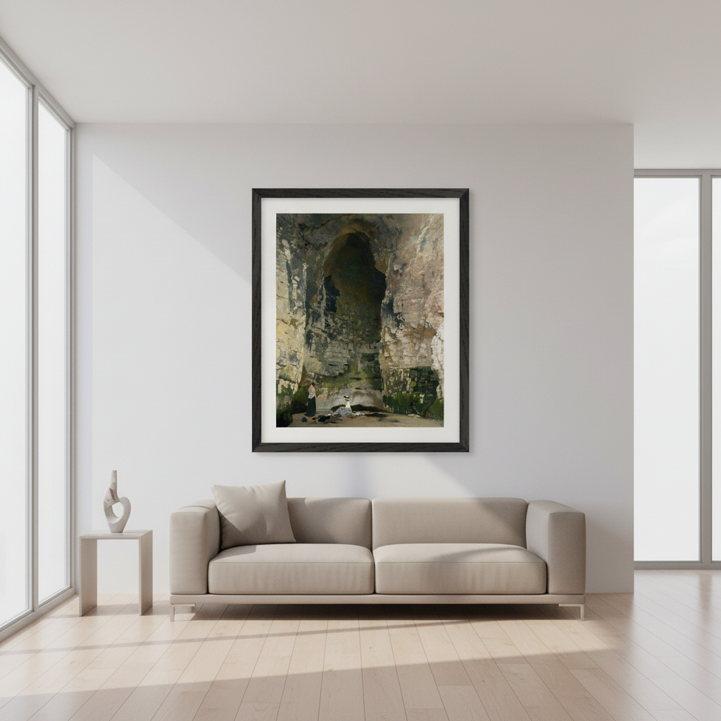 A high-end interior with soft natural daylight, featuring a premium framed fine-art print of Sir William Orpen’s ‘Digby Cave No. 1’. Display the artwork at realistic scale (approx. 60–80 cm wide) in a minimalist contemporary living room or heritage-inspired study. Use FSC-certified black, white, or natural oak gallery frames. Ensure the artwork remains perfectly flat, colour-accurate, and undistorted. Photorealistic, crisp detail, luxury gallery styling, subtle décor only.