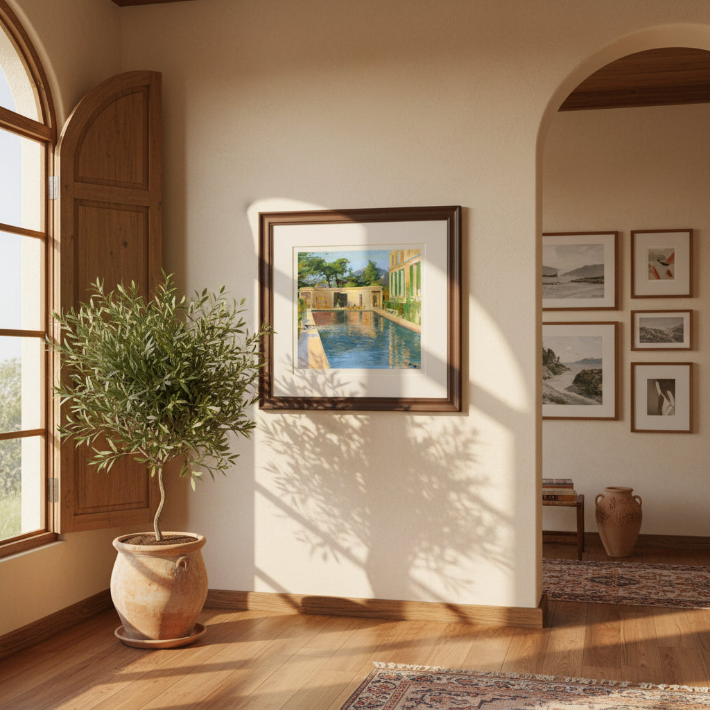 framed print of “Swimming Pool, Southern France” hanging in a sunlit Mediterranean-style interior with warm stucco walls, olive plants, soft coastal light, and a premium hardwood frame.