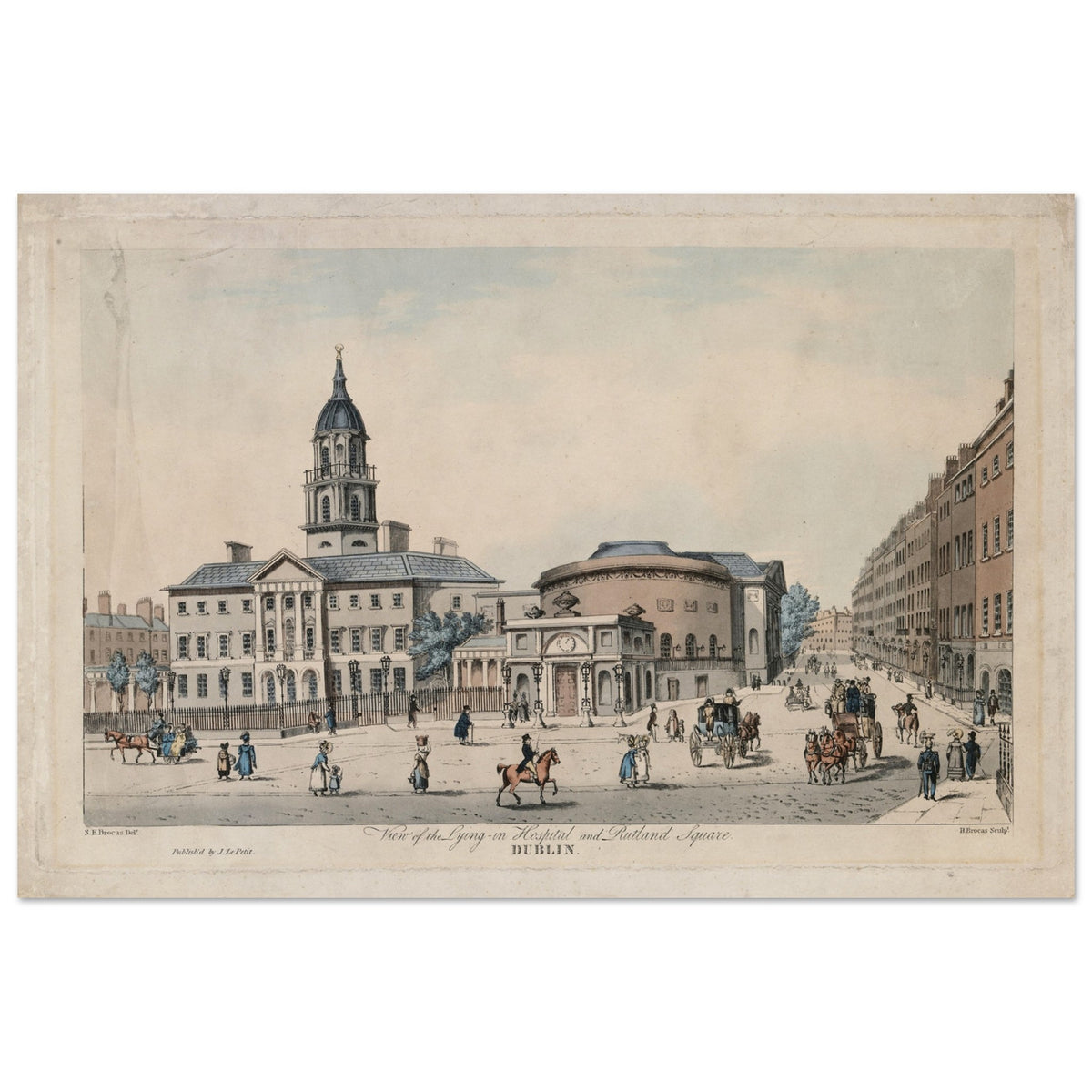 Georgian print of the Rotunda Hospital and Rutland Square with carriages and figures, unframed