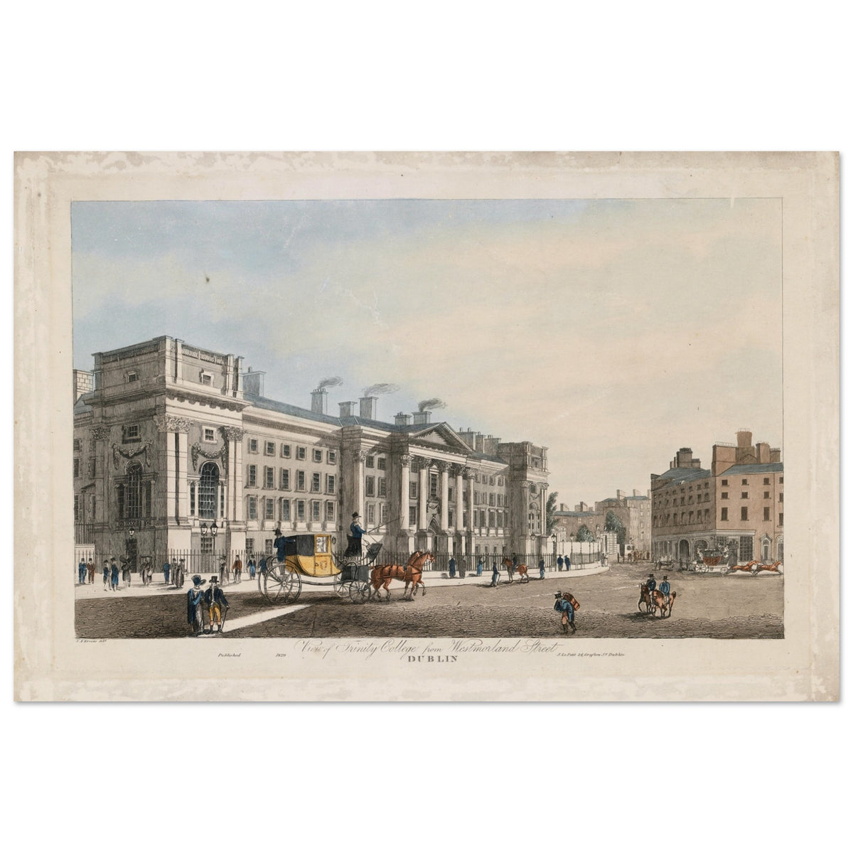 Georgian street scene of Trinity College Dublin with carriages on Westmoreland Street, unframed