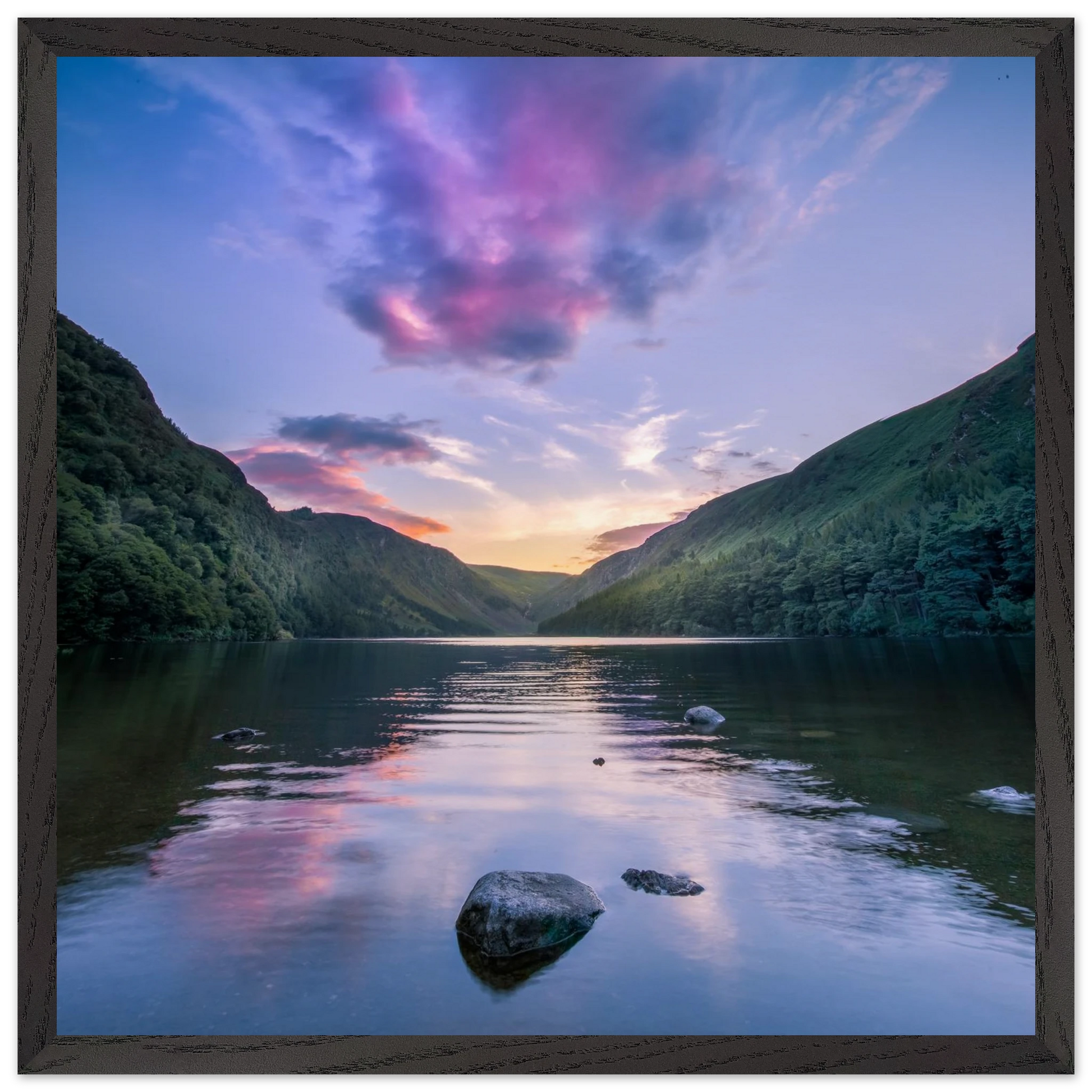 Glendalough Valley Ireland landscape print in black gallery frame, premium wall art décor