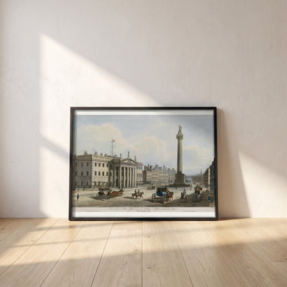 GPO & Nelson's Pillar, Dublin framed print in a black frame leaning against a white plaster wall on oak floorboards in morning light