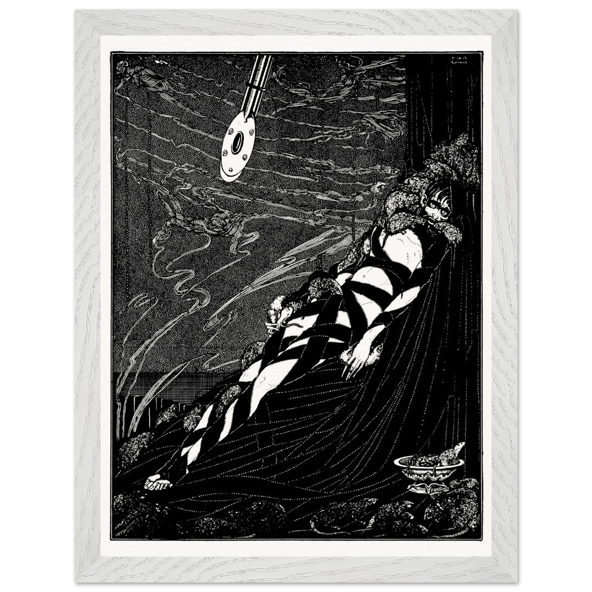 Harry Clarke 1923 Poe illustration in a white frame, pendulum and swarming rats