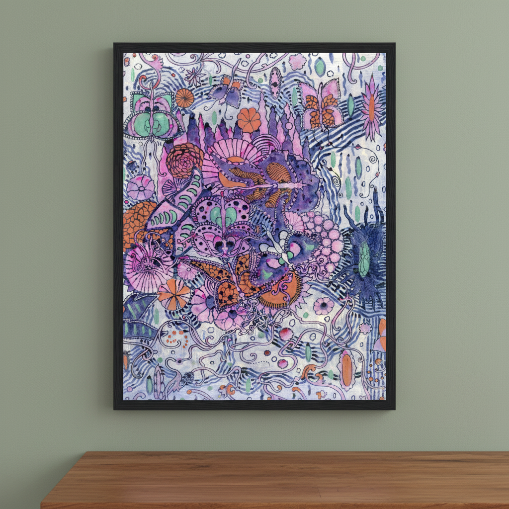 Harry Clarke Butterfly Textile Design framed colourful botanical print on sage green wall above wooden dining table warm light
