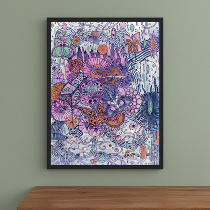 Harry Clarke Butterfly Textile Design framed colourful botanical print on sage green wall above wooden dining table warm light
