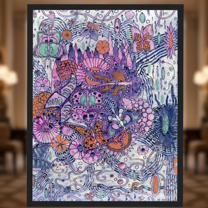 Close up of Harry Clarke Butterfly Textile Design 1918 framed print showing jewel-toned pink purple green linework detail