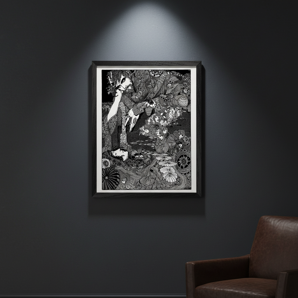 The Earth Grew Dark by Harry Clarke black framed gothic illustration print on dark green wall with leather armchair
