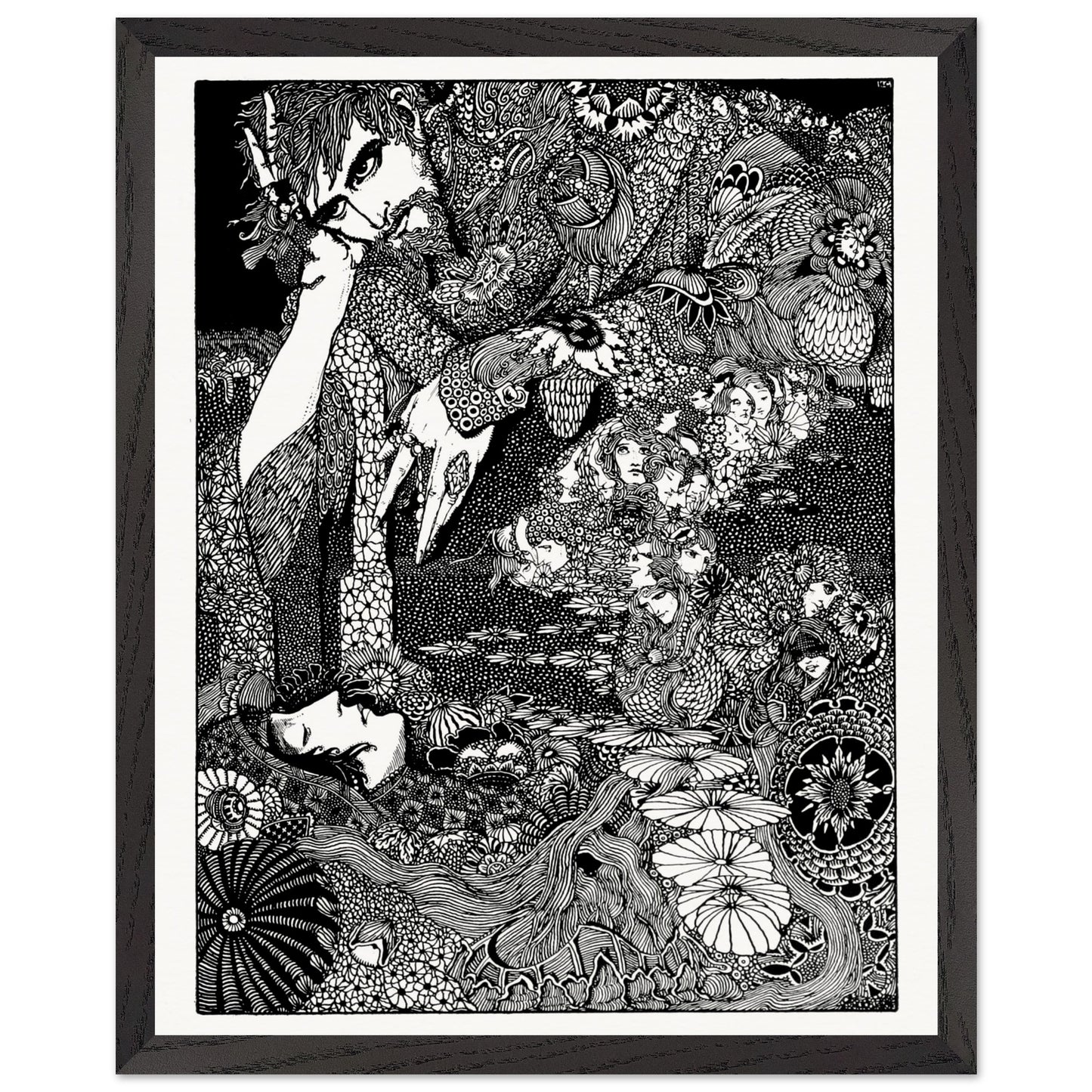 Close up of Harry Clarke Earth Grew Dark 1923 framed print showing intricate gothic linework detail with candlelight