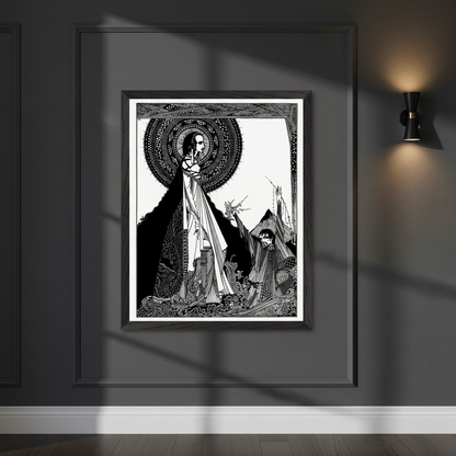  Harry Clarke I Would Call Aloud gothic illustration framed print on charcoal hallway wall with wall sconce light