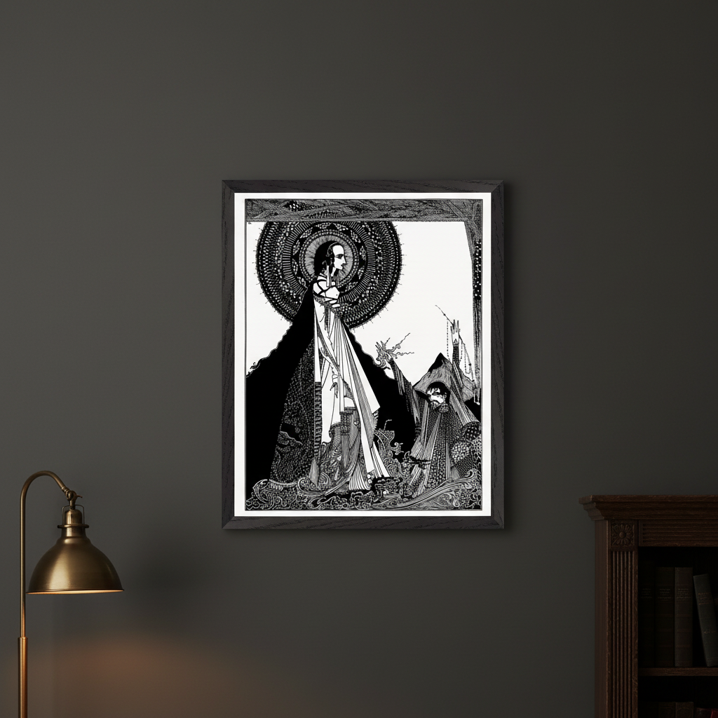 Harry Clarke I Would Call Aloud framed black and white gothic Ligeia print on charcoal wall beside dark bookshelves