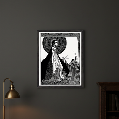 Harry Clarke I Would Call Aloud framed black and white gothic Ligeia print on charcoal wall beside dark bookshelves
