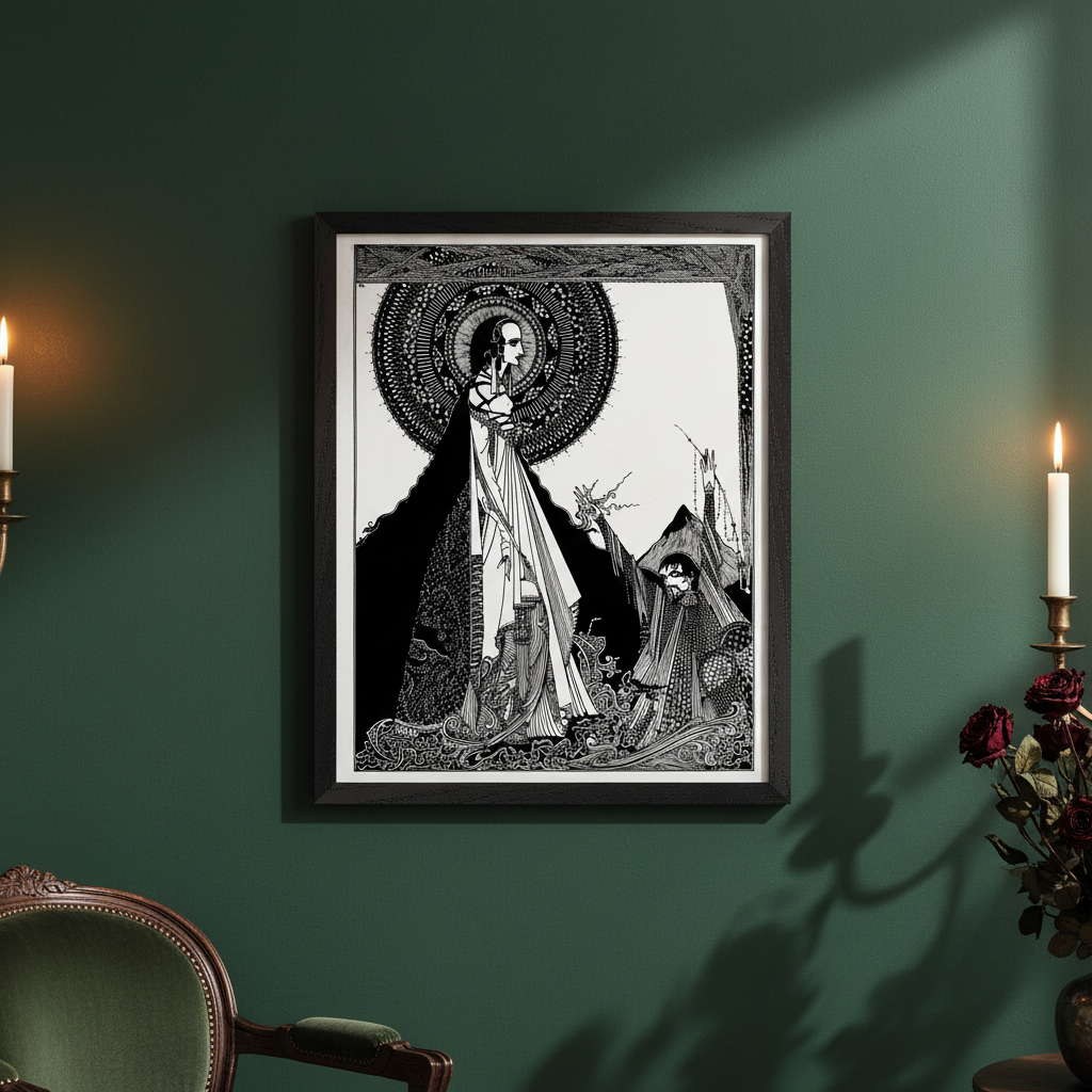 Harry Clarke I Would Call Aloud 1923 framed gothic print on teal wall above dark bedside table with candlelight