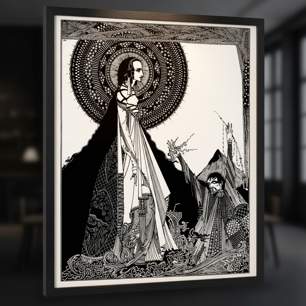 Close up of Harry Clarke I Would Call Aloud framed print showing spectral Ligeia figure with ornate halo disc linework