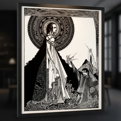 Close up of Harry Clarke I Would Call Aloud framed print showing spectral Ligeia figure with ornate halo disc linework