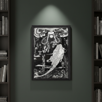 Harry Clarke Little Sea Maid 1916 framed gothic illustration print between floor to ceiling bookshelves on dark green wall