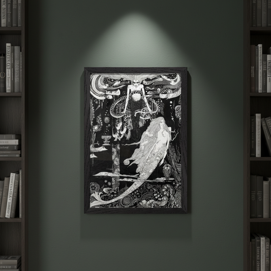 Harry Clarke Little Sea Maid 1916 framed gothic illustration print between floor to ceiling bookshelves on dark green wall