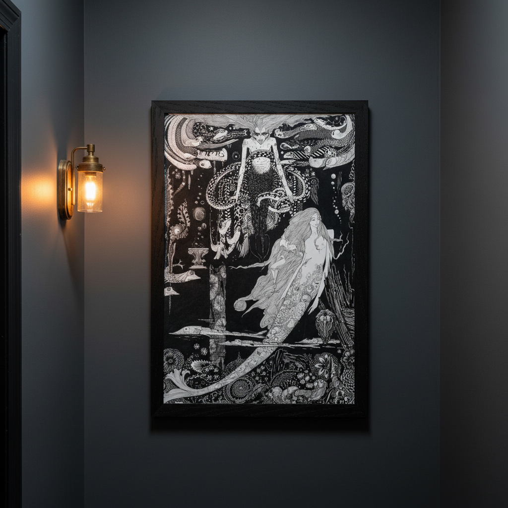 Harry Clarke Little Sea Maid gothic illustration framed print on dark painted stairwell wall with warm wall sconce light