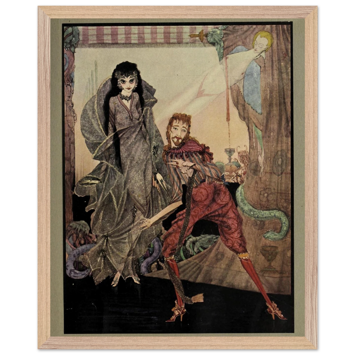 Harry Clarke Slowly Opened Eyes illustration framed in natural oak, straight-on view