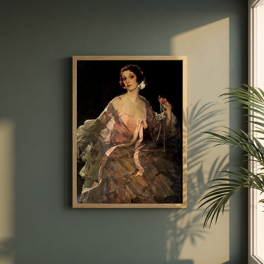 Hazel in Rose and Grey framed print in a natural oak frame on a dark green wall beside a window, dappled plant shadow